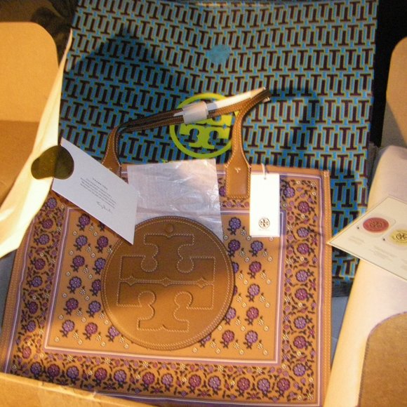 Tory Burch Ella Printed Tote Bag Large Brown Floral Daisy Border + TB Gift Bag - Picture 8 of 13